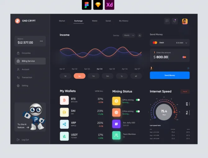 Cryptocurrency Dashboard UI (Dark theme) - Adobe XD and Figma Resources