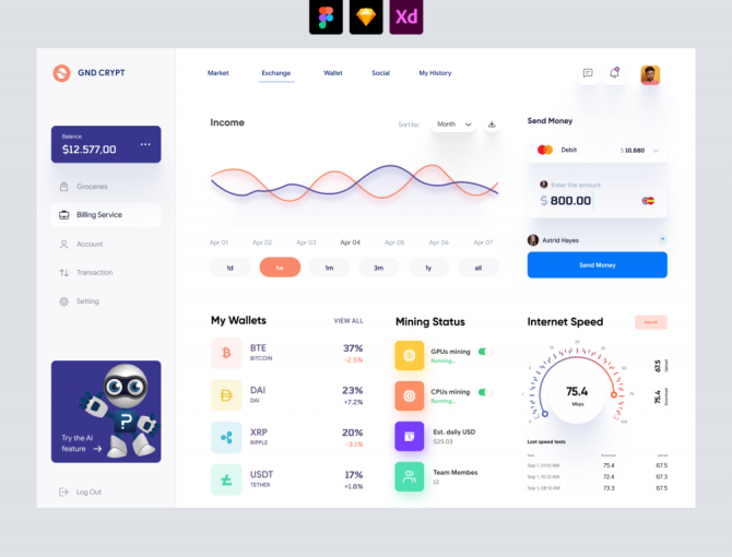 Cryptocurrency Dashboard UI (Light theme) - Adobe XD and Figma Resources