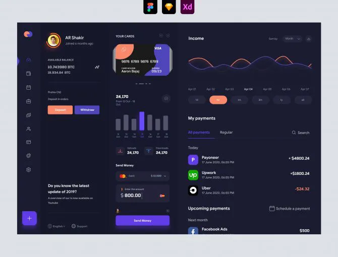 Freelancer Personal Investment Dashboard UI - Dark UI - Adobe XD and Figma Resources