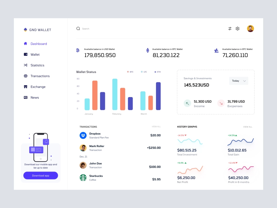 Download Cryptocurrency Dashboard UI Concept